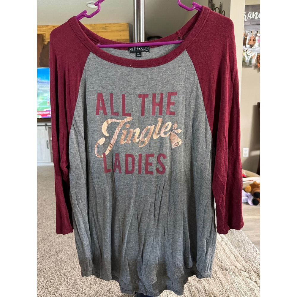 Fifth Sun All The Jingle Ladies Christmas Raglan Baseball Tee Grey Maroon XL